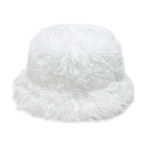 Close-up of white plush bucket hat showing thick faux fur texture and warm winter material