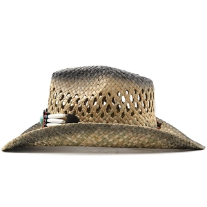 Detail of hand-woven straw cowboy hat with turquoise beads and breathable hollow design