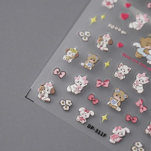 5D embossed nail stickers with 3D cartoon animal designs like bears and rabbits
