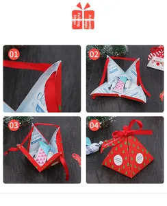 Step-by-step assembly of a red Christmas tree triangle gift box with red ribbon
