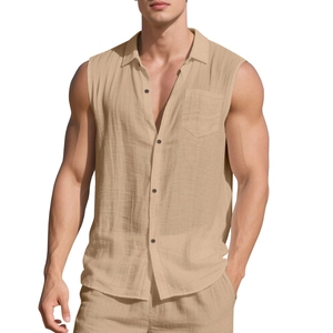 Men's loose sleeveless linen beach shirt in khaki with collar and front pocket