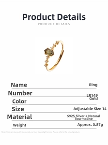Detailed view of an S925 silver gold open ring with natural tourmaline and fine diamonds