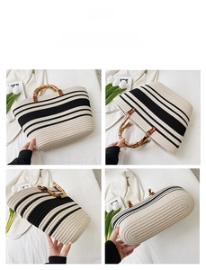 Detailed multi-angle view of black and white woven tote bag with bamboo handles