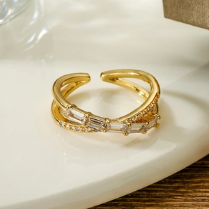 Minimalist double-layer crossover 18K gold plated ring with clear cubic zirconia stones