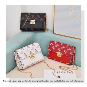 Detail of compact crossbody bags with pony print, gold chain strap and metal clasp closure