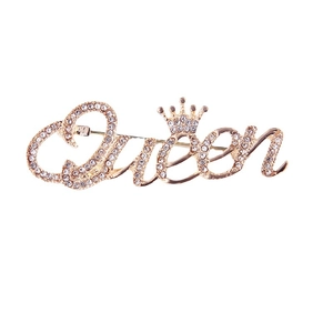 Broche Queen dorée élégante avec motif couronne et strass en cristal étincelants pour femmes