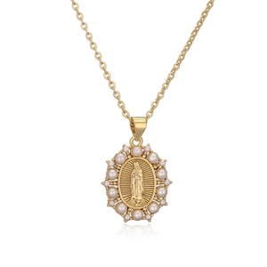 Gold Virgin Mary pendant necklace with white pearl halo and polished link chain