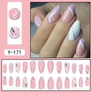 Faux ongles rose effet marbre avec lignes ondulées et étoiles, amande, lot de 24 pièces