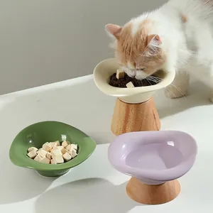 Ciotola Per Animali In Ceramica Con Supporto In Legno Massello Alimentatore Rialzato Per Gatti Protezione Collo Fiore