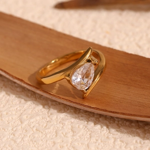 Adjustable Open Ring 18K Gold Plated Stainless Steel With Pear Shaped White Zircon Fashion Niche Design For Women