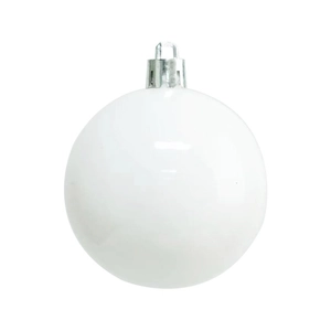 Glossy white Christmas ball ornament with silver metal cap and hanging loop for tree