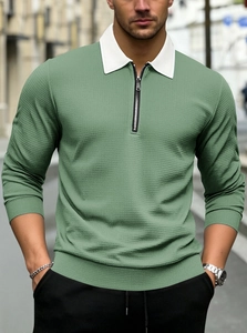 Detailed waffle texture of bean green men's long sleeve polo shirt with half-zip collar