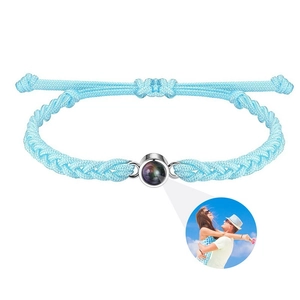Braided blue rope bracelet with photo projection stone and detailed image preview effect