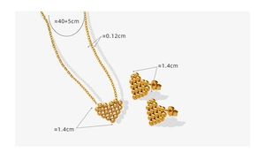 Detailed view of gold plated heart bead necklace and earrings set with measurements