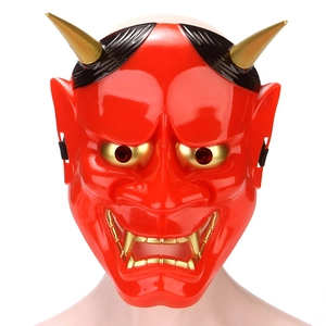 Japanese Hannya mask in red and gold finish on a model head for cosplay