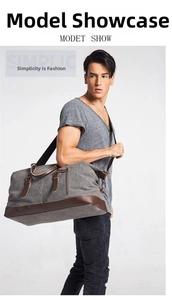 Detail of grey canvas and brown leather travel bag worn by model on white background
