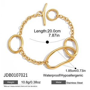 Detail view of 18K gold stainless steel chain bracelet with measurements and OT clasp