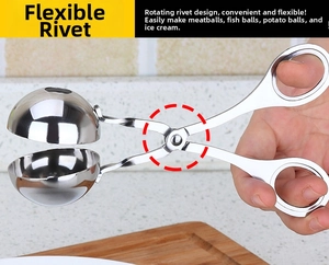 Detail of flexible rivet on 304 stainless steel meatball maker with scissor handle