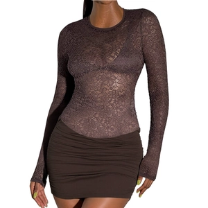 Deep brown long sleeve lace bodycon dress with floral embroidery and slim fit silhouette