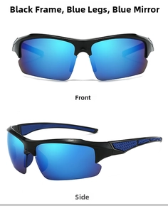 Front and side views of semi-rimless sports sunglasses with blue mirrored lenses
