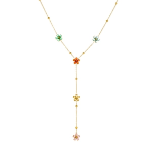 Collier chic en forme de Y plaqué or 18 carats avec fleurs en zircon coloré et perles dorées