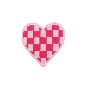 Pink checkered heart embroidery patch for jackets and bags with fine stitching details