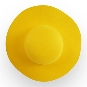 Top view of bright yellow wool felt hat with wide brim and minimalist round crown design