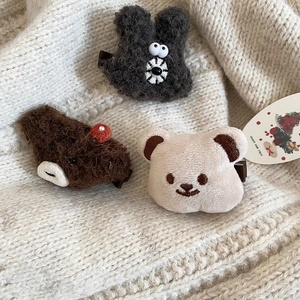 Three plush cartoon bear hair clips in grey, brown, and cream for autumn/winter hair styling