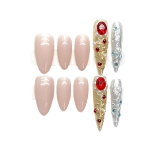 Handmade luxury press-on nails with vintage palace style jewels and crystal accents