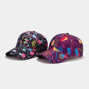 Retro graffiti baseball cap with colorful abstract geometric patterns on a white background
