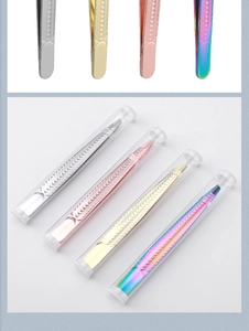 Detailed view of four colorful anti-slip stainless steel tweezers in clear tube packaging