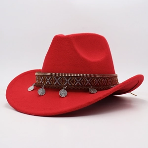 Red wool cowboy hat with ethnic patterned band and vintage metal coin pendants
