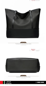 Detail view showing black Oxford cloth tote bag with reinforced faux leather base and stitching