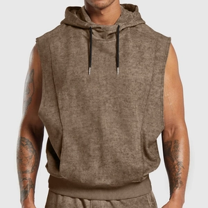 Gilet à capuche sans manches vintage marron pour homme en coton lavé style urbain