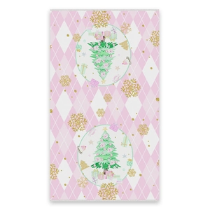 Microfiber kitchen towel with pink diamond lattice and festive golden snowflakes