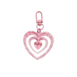 Pink triple-layered hollow heart keychain pendant with acrylic resin and matching metal clasp