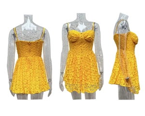 Three-view layout of a yellow lace mini dress with spaghetti straps and A-line skirt