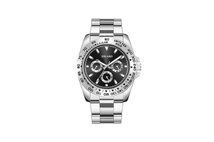 Close-up of silver business watch with black tachymeter dial and steel band detail