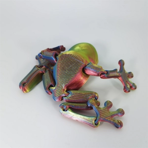 Top-down view of a colorful 3D printed articulated frog toy with a multi-color gradient finish