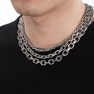 Three-layer silver stainless steel chain necklace for men with different link styles