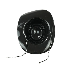 Close-up of black glossy plastic cowboy hat with a black and white braided rope chin strap