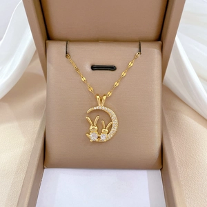 Crescent Moon Rabbit Pendant Necklace Titanium Steel Chain Copper Zircon Inlaid Elegant Luxury Jewelry For Women