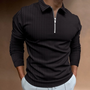Men's slim fit long sleeve Polo shirt with vertical stripes and quarter-zip collar