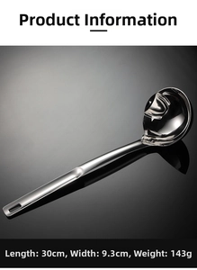 Close-up of 304 stainless steel oil separator spoon with mirror finish and spout detail