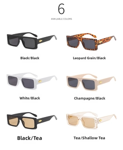 Detail view of retro oversized rectangle sunglasses in six assorted colors with gold insect icons