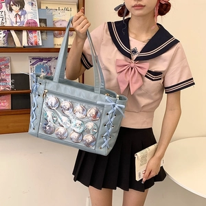 Light blue Japanese ita bag with transparent window and lace-up details for JK school style