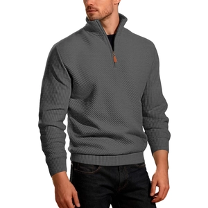 Men's grey half-zip sweatshirt with diagonal rib knit texture and stand collar