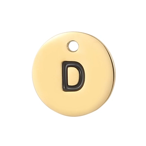 Polished gold circular pendant with black hollowed letter D and hanging hole