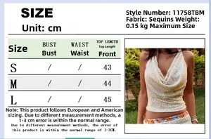 Guide des tailles pour le haut à paillettes avec mesures de longueur pour tailles S, M, L