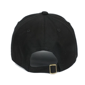 Classic black cotton baseball cap showing back view with adjustable vintage metal buckle